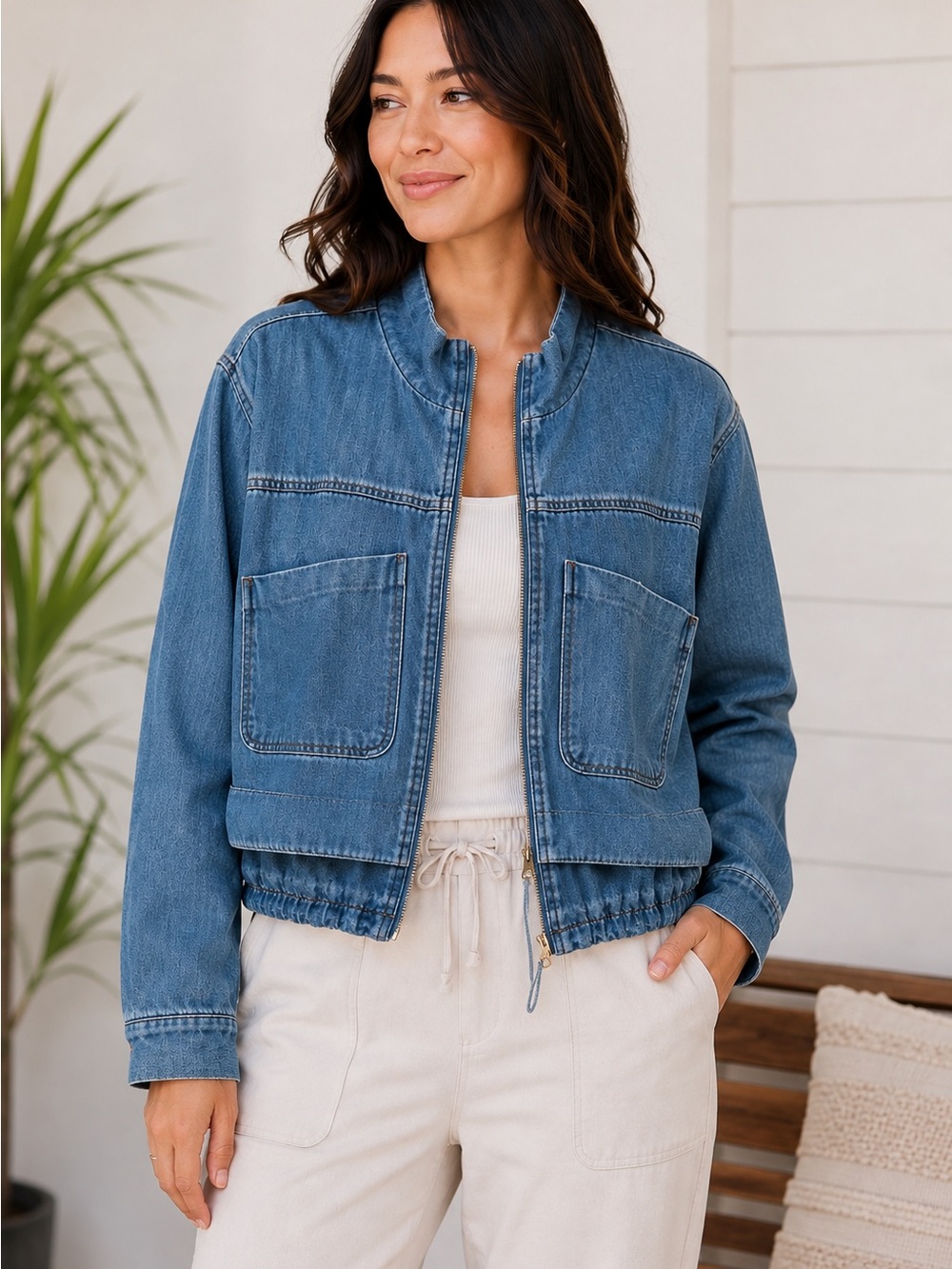 Democracy Drapey Denim Jacket M Zip Front Utility Drawstring Blue Lined